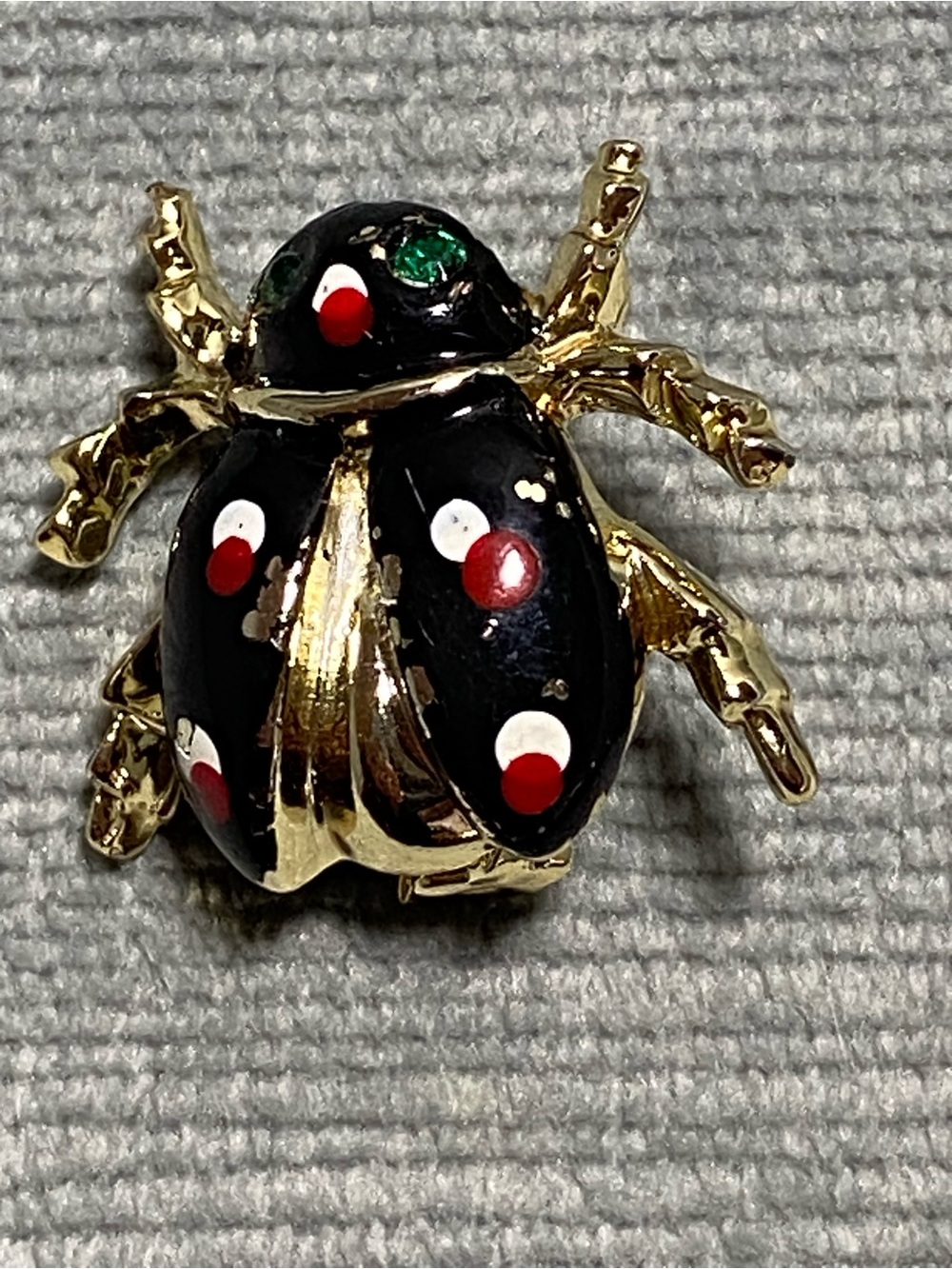 Vintage Ladybug Brooch (or scatter pin) Black with Red and White Accents 1960s